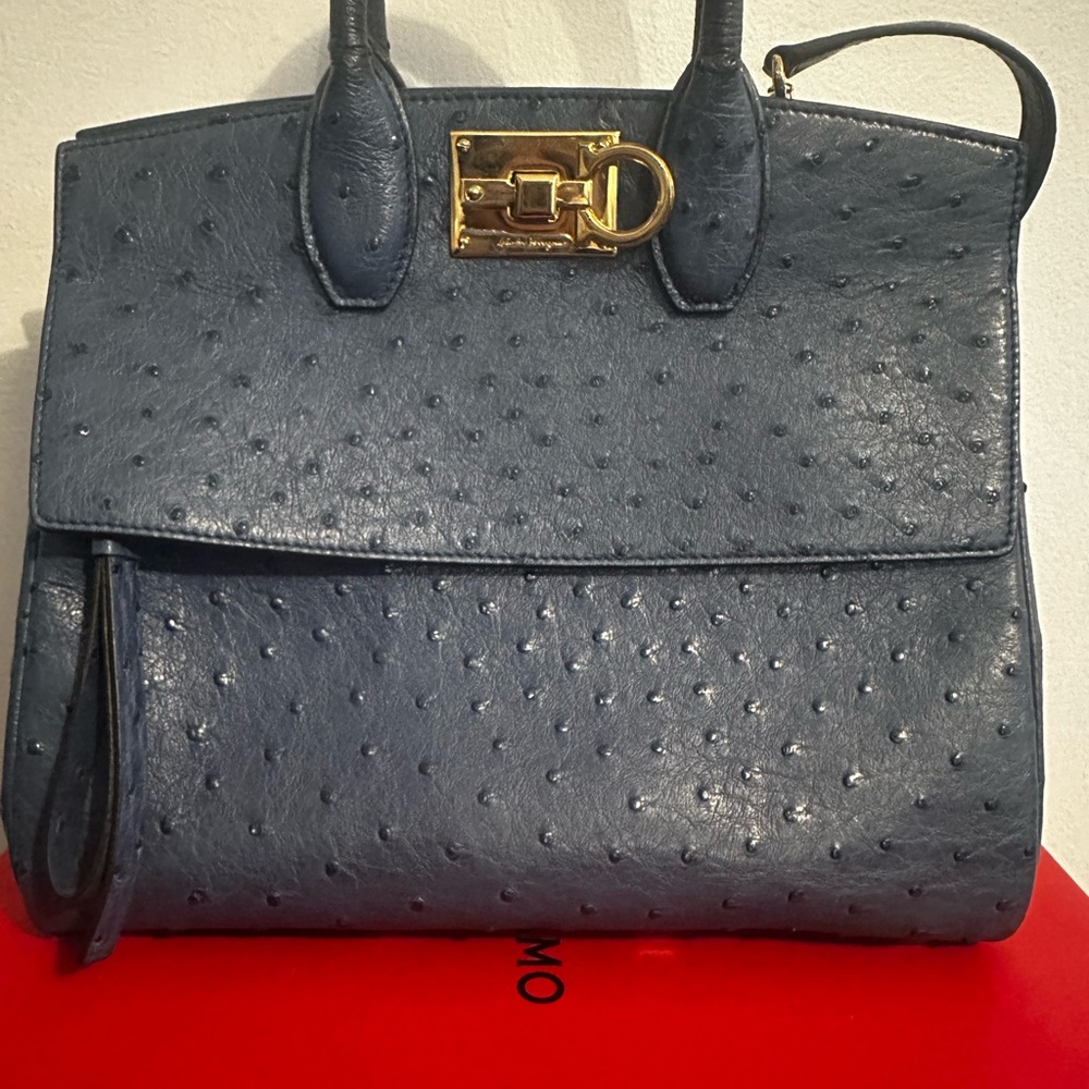 Salvatore Ferragamo Blue Satchel with Gold Hardware Exotic Ostrich all leather